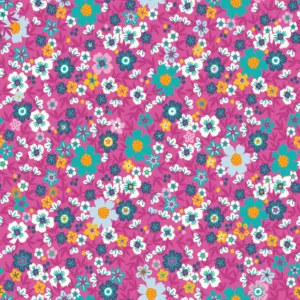 Bomuld små turkis/petrol/hvide blomster på pink