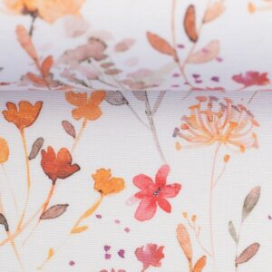 Coated bomuld små orange/koral blomster på hvid