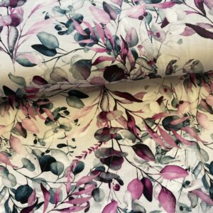 Viscosejersey cerise/grå blade på hvid