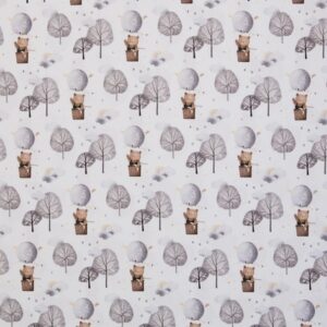 Bomuldsjersey bjørne i luftballon over grå træer