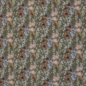 Bomuld khaki m/ gl. rosa blomster