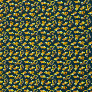 Bomuldsjersey små gule arbejdsmaskiner på petrol