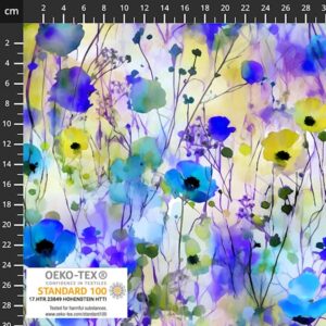 Bomuldsjersey blomster kobolt, turkis og gul