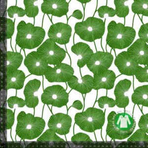 Bomuldsjersey grønne blomster / blade på hvid