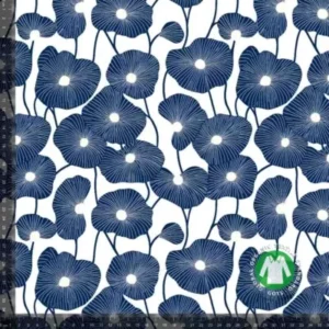 Bomuldsjersey blå blomster / blade på hvid