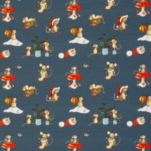 Bomuldsjersey Små julemus på støvet blågrå