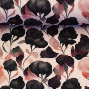 Bomuldsjersey sorte og bordeaux blomster på sart lyserød